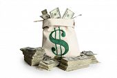 image of money  - Money bag and stacks of cash - JPG 