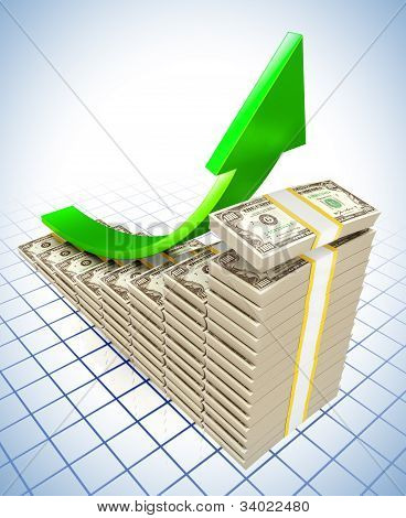 Picture or Photo of 3d illustration of dollar raising charts and upward green arrow