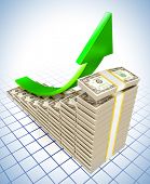 stock photo of currency  - 3d illustration of dollar raising charts and upward green arrow - JPG 