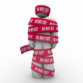 image of wrapped  - The words No Way Out on red tape wrapping a man who is caught - JPG 