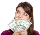 foto of money  - Woman with a money fan isolated over a white background - JPG 