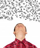 image of currency  - Idea concept with asian man looking up on currency signs - JPG 