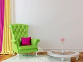 pic of interior  - Bright interior with green armchair and colored curtains creates a spring mood - JPG 