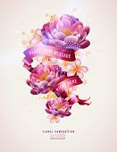 stock photo of nature  - colorful floral composition with watercolor splats and banner for your text - JPG 