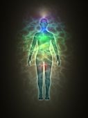 stock photo of body  - Illustration of human energy body silhouette with aura and chakras - JPG 