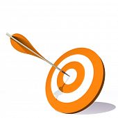 picture of competition  - High resolution concept or conceptual orange dart target board with an arrow in center isolated on white background - JPG 