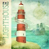 Vintage Lighthouse Poster - Vintage textured maritime poster with old lighthouse, sailing ship in th