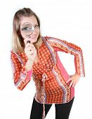 picture of over white  - girl looking through magnifier glass over white - JPG 