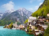 pic of tranquil  - Beautiful summer Alpine Hallstatt Town and lake Hallstatter See view  - JPG 