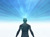 pic of mind  - Man covered in text with light radiating from mind - JPG 
