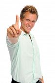pic of one  - Attractive caucasian man makes a number 1 hand gesture - JPG 