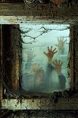 stock photo of  photo  - Photo of zombies outside a window that is covered with spiderwebs and filth - JPG 