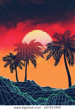 Poster: Neon Glowing Grid Rocks And