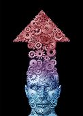 pic of health  - Human potential and freedom of the brain to express creativity and new ideas in business and in health with a front facing head shaped as an arrow going up made of gears and cogs from blue to red on a black background - JPG 