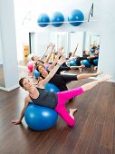 stock photo of stability  - Aerobic Pilates women group with stability ball in a row on mirror gym - JPG 