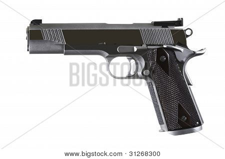 Picture or Photo of Ultra sharp focus stacked detailed photo of a large 45 ACP caliber custom competition match grade stainless steel automatic pistol in a classic Colt 1911 style for IPSC or PPC competition or sport or collector or personal carry use.