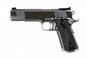 image of competition  - Ultra sharp focus stacked detailed photo of a large 45 ACP caliber custom competition match grade stainless steel automatic pistol in a classic Colt 1911 style for IPSC or PPC competition or sport or collector or personal carry use - JPG 
