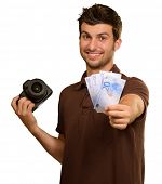pic of currency  - Young Man Holding Camera And Euro Currency On White Background - JPG 