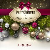 Gorgeous Christmas gift card with ribbon and Christmas baubles. Vector illustration.