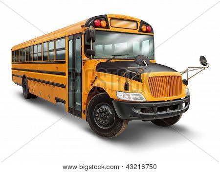 Picture or Photo of School bus for student transport service for elementary and high school students with a yellow and black painted vehicle as an education symbol of safe children transportation on a white background.