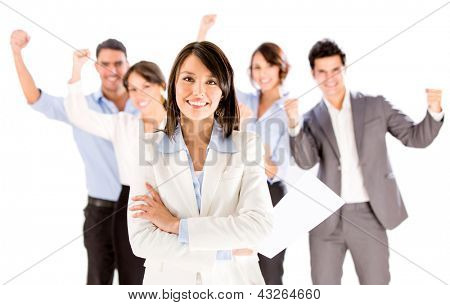 Picture or Photo of Successful business woman leading a team - isolated over white