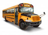 foto of transportation  - School bus for student transport service for elementary and high school students with a yellow and black painted vehicle as an education symbol of safe children transportation on a white background - JPG 