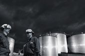 stock photo of industrial  - two refinery workers with large industrial fuel tanks - JPG 