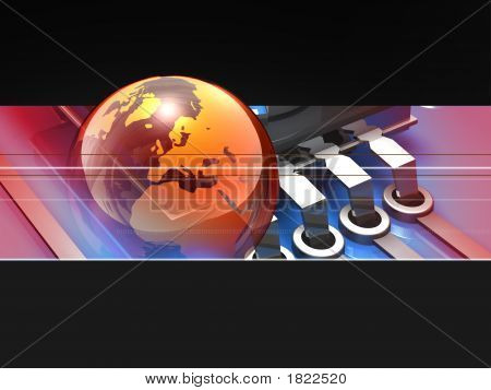 Picture or Photo of 3d illustration of a simple globe and microchip in banner (wide) format