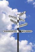 image of pressure  - Concept image of words associated with being Lost and Confused on a signpost against a blue cloudy sky - JPG 