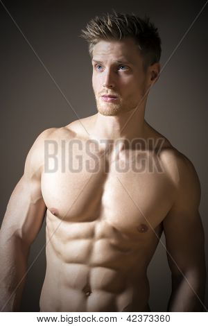 Picture or Photo of Blond athletic man with blue eyes and a muscular upper body