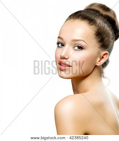 Picture or Photo of Beauty Girl. Beautiful Young Woman with Fresh Clean Skin, Beautiful Face. Pure Natural Beauty. Perfect Skin. Isolated on a White Background. Portrait of Beauty Girl. Youth