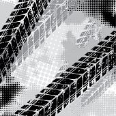 stock photo of competition  - Black background with halftones and tire tracks - JPG 