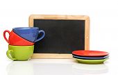 picture of time  - Set of colorful cups with blackboard on white - JPG 