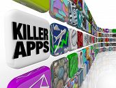 image of computer  - The words Killer Apps on an app tile in a wall of applications and software you can download into your smart phone - JPG 