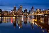 picture of bridge  - Portland Oregon Downtown City Skyline with Hawthorne Bridge along Willamette River at Blue Hour - JPG 