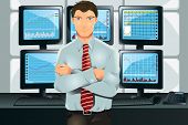 image of stock  - A vector illustration of a stock trader in his office in front of multiple monitors showing graphs - JPG 