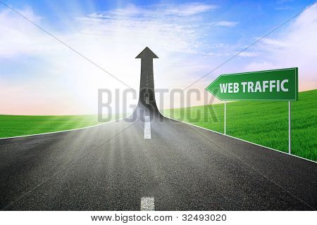 Picture or Photo of A road turning into an arrow rising upward with a road sign of web traffic symbolizing the way to improve web traffic