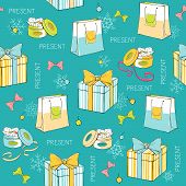 foto of blue  - Vector christmas seamless pattern with gift boxes and paper bags on the blue background - JPG 