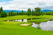 stock photo of objects  - Golf course with gorgeous green and pond - JPG 
