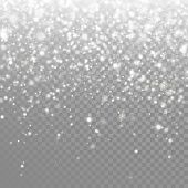 Snow falling background. Vector magic Christmas eve snowfall. White glitter snowflakes falling down 