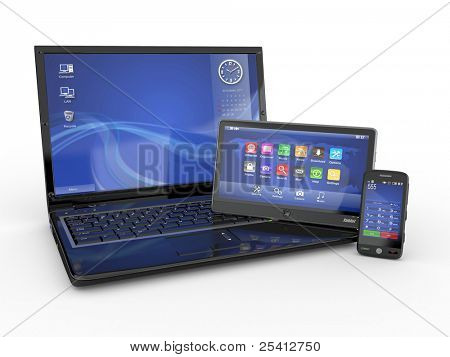 Picture or Photo of Electronics. Laptop, mobile phone and tablet pc. 3d