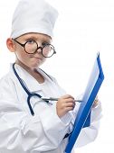 stock photo of future  - cute future doctor boy in doctor clothing on white background - JPG 