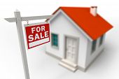 stock photo of home  - Home For Sale Real Estate red sign in front of a 3d model house - JPG 
