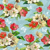 stock photo of soul  - Elegance Seamless beige and red flowers pattern on blue background - JPG 