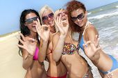 picture of beach  - Joyful team of friends having fun at the beach and showing okay sign - JPG 