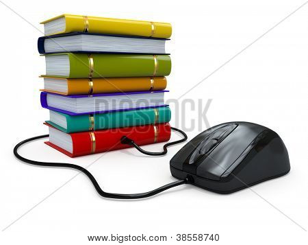 Picture or Photo of Internet education. Books and computer mouse. 3d