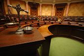stock photo of symbols  - Symbol of law and justice in the empty courtroom law and justice concept - JPG 