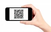 foto of code  - Hand holding mobile smart phone with QR code scanner on the screen - JPG 