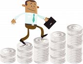pic of money  - illustration of Business Buddy climbing up a money shaped bar chart - JPG 
