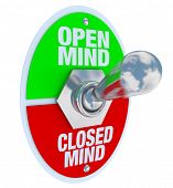stock photo of opening  - A metal toggle switch with plate reading Open Mind and Closed Mind - JPG 